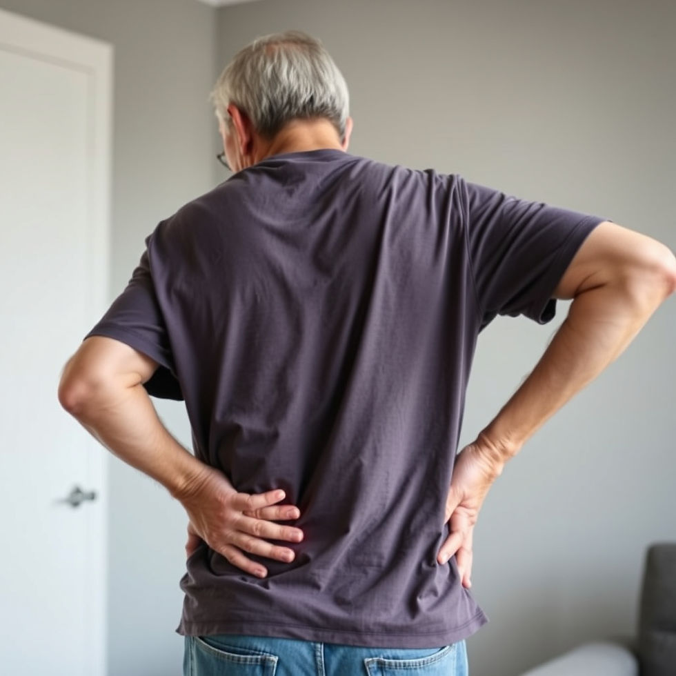 A man in a grey shirt showing discomfort in his lower back
