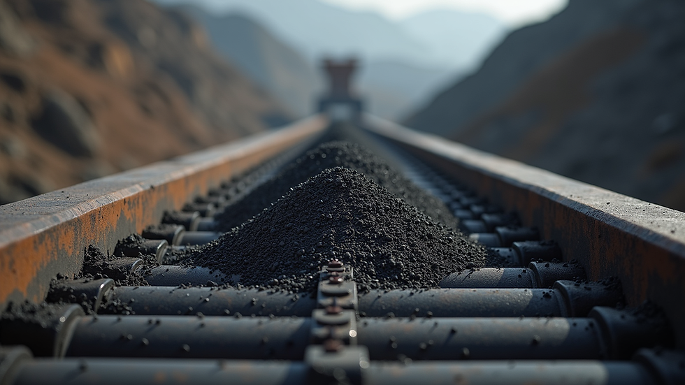 Close-up view of a heavy-duty conveyor belt transporting ore