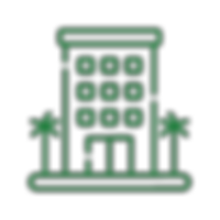 Green building icon with palm trees, representing a hotel or resort.
