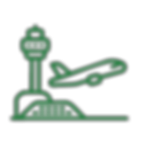 Green airport tower and airplane icon taking off, black background