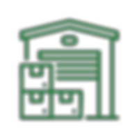 Green warehouse icon with boxes, representing storage and logistical operations.