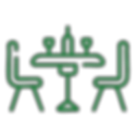 Green table setting icon with two chairs, wine bottle, and glasses.