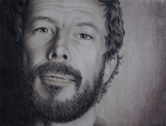 black and white chalk pastel drawing by Mercedes Victoria of Canadian actor Kris Holden-Ried