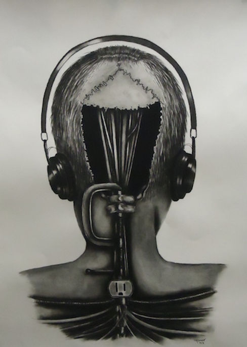 black and white charcoal drawing by Mercedes Victoria of back of head inside head machine drawing
