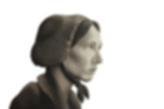 black and white chalk pastel drawing by Mercedes Victoria of woman mennonite settler pioneer