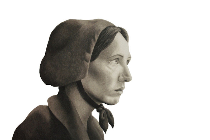 black and white chalk pastel drawing by Mercedes Victoria of woman mennonite settler pioneer