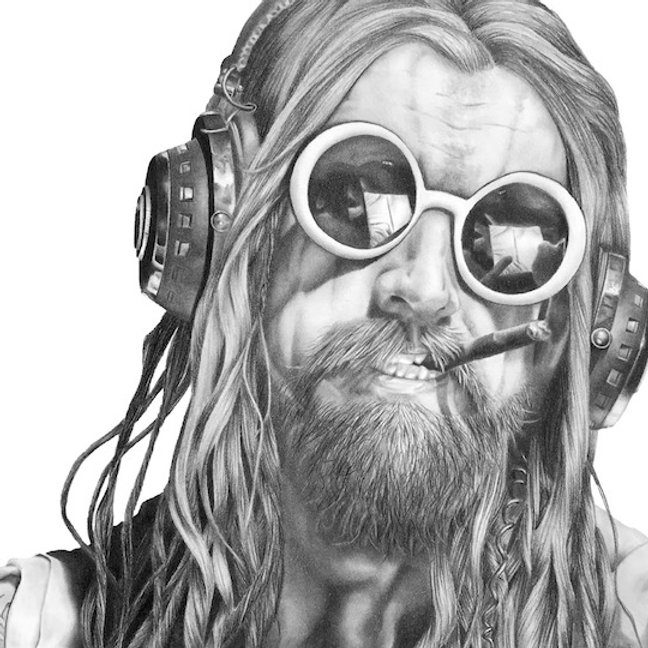 black and white graphite pencil drawing by Mercedes Victoria of heavy metal musician Rob Zombie White Zombie