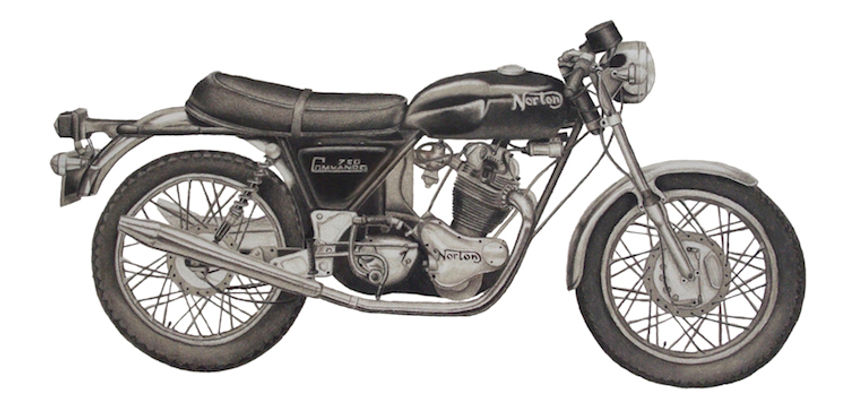 black and white chalk pastel commission drawing by Mercedes Victoria of 1973 Norton Commando motorcycle