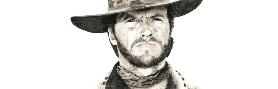 black and white chalk pastel commission drawing by Mercedes Victoria of Clint Eastwood from Josey Wales old western movies