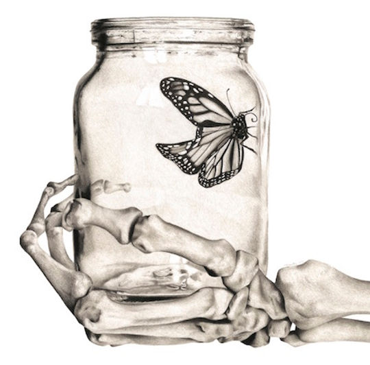 black and white chalk pastel drawing by Mercedes Victoria of skeleton hand holding monarch butterfly in glass mason jar