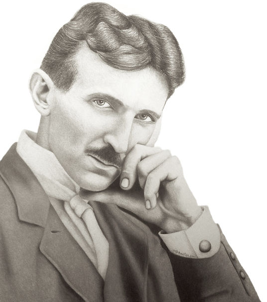 black and white chalk pastel commission drawing by Mercedes Victoria of famous late inventor Nikola Tesla