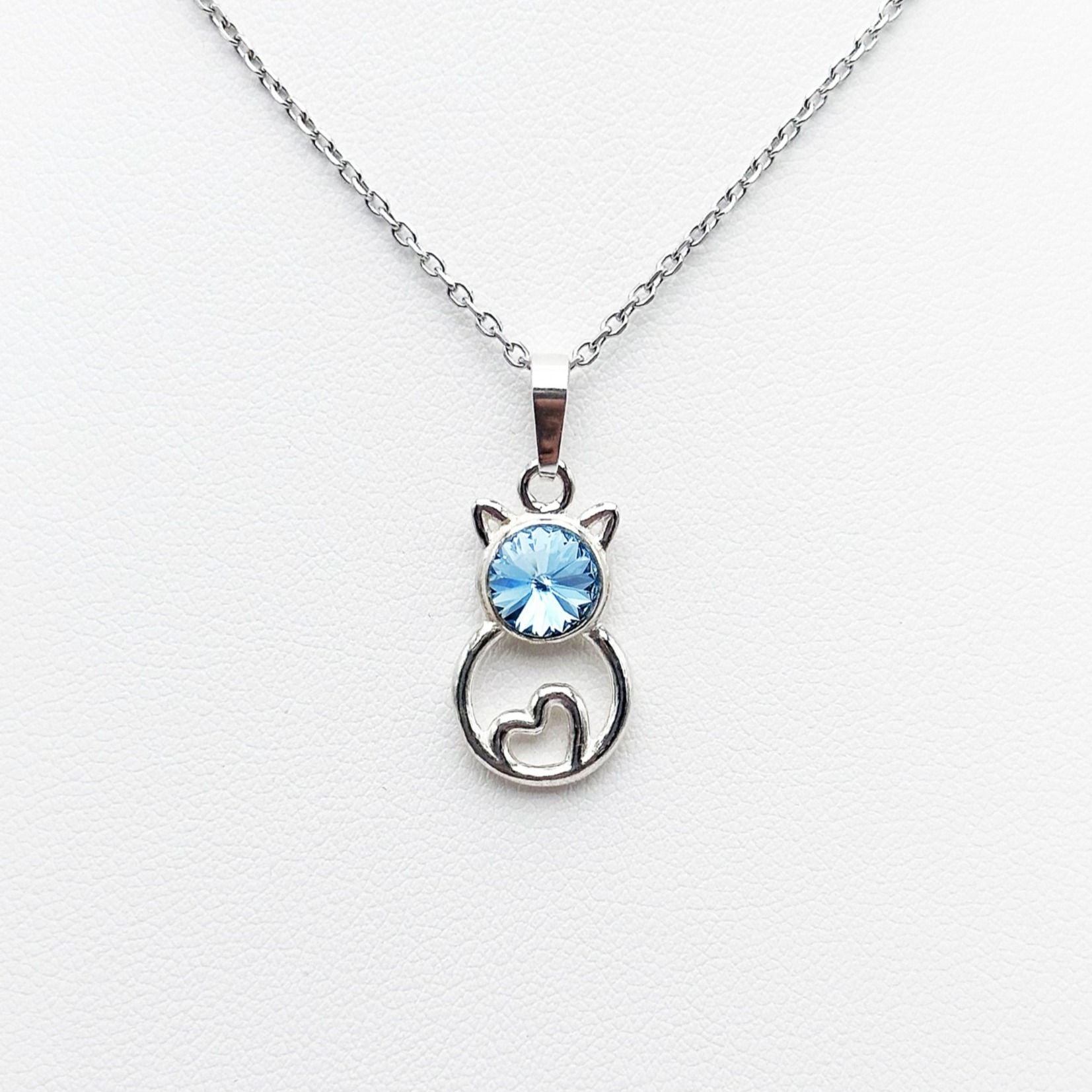 Collier Chat, pendentif pierre en cristal bleu, Aquamarine, argent 925