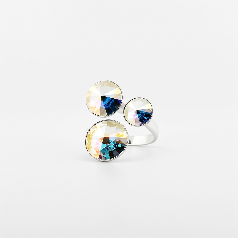 Bague argent 3 pierres Tria cristal Swarovski Aurore Boréale irisé vue de face.