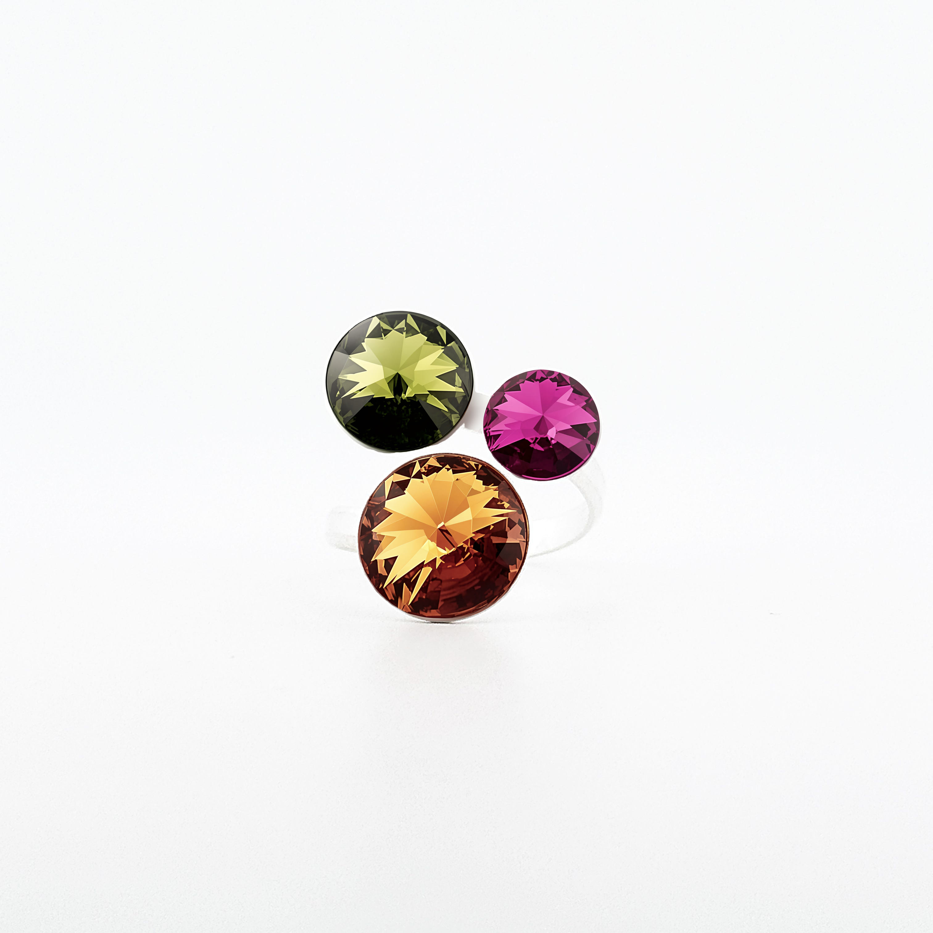 Bague argent 3 pierres Tria cristal Swarovski multicolore ambre vert et rose vue de face.