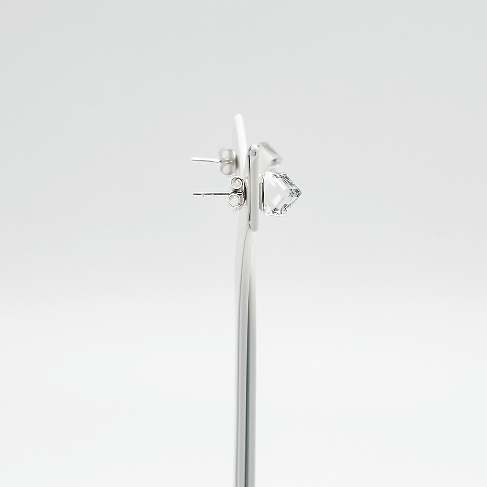 Miniature : Boucles d’oreilles cube en cristal transparent, tige et fermoir papillon en métal argenté, vue de côté sur présentoir.