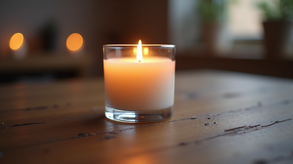 Close-up view of a softly glowing lavender-scented candle on a wooden table