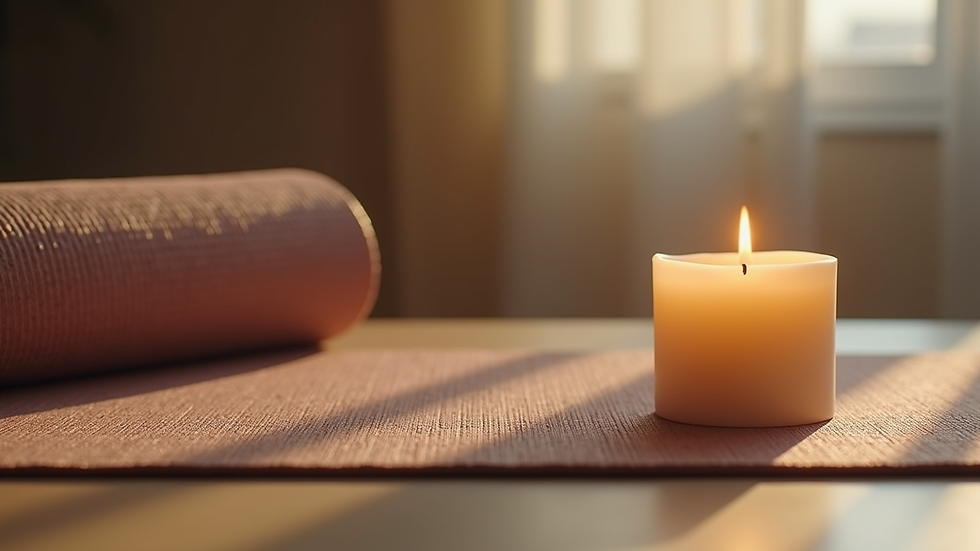 Close-up view of a yoga mat and a lit soy wax candle creating a calming atmosphere
