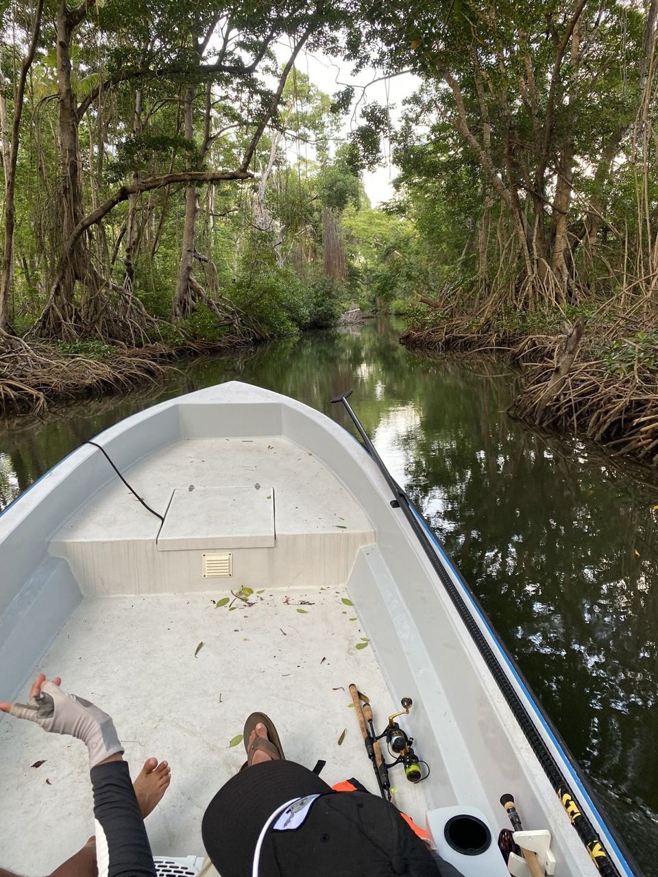 Fly rod rigged and ready aboard the boat