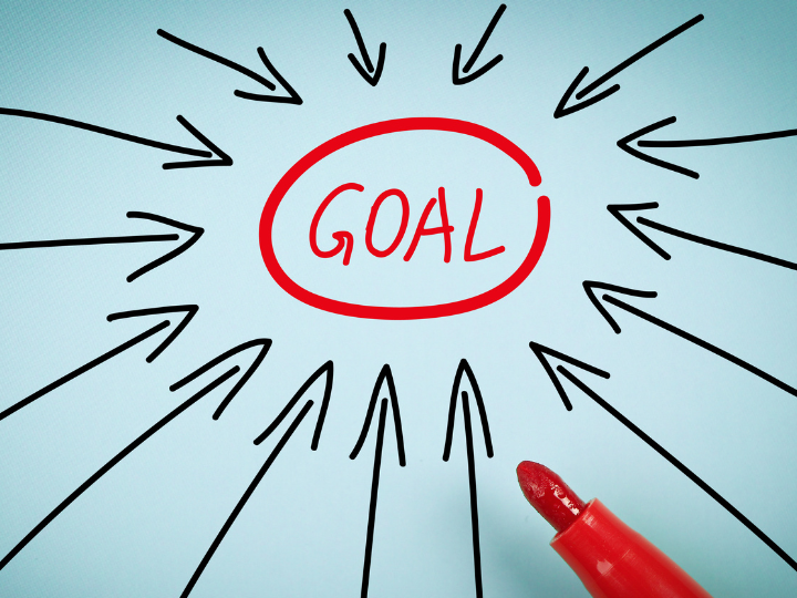 Red GOAL circled in the center with black arrows pointing inward on a light blue background; red marker tip at bottom right.