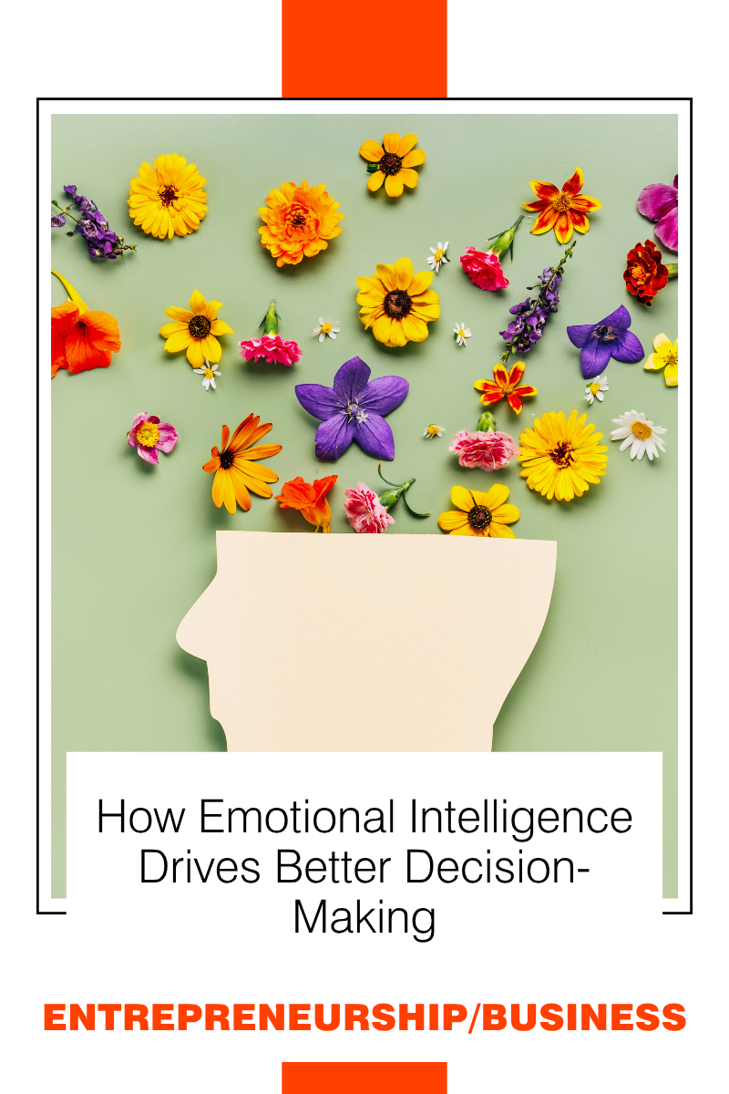 Colorful flowers and petals float above a beige head silhouette on a pale green background, creating a whimsical idea of emotional intelligence.