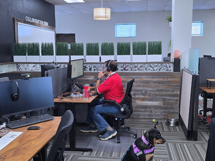 Man in a red shirt and headset works at an office desk, with a dog in a purple harness nearby.