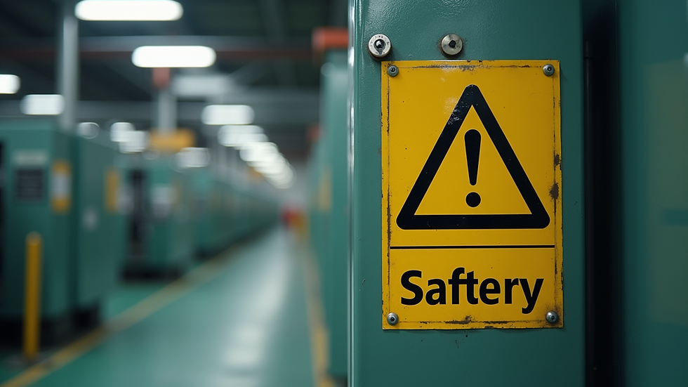 Eye-level view of a safety sign on a factory wall