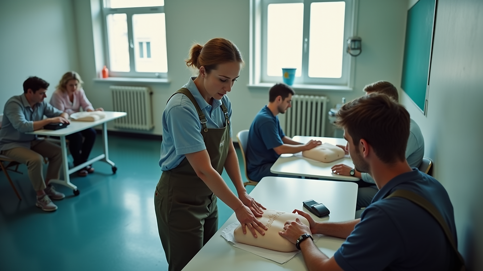 High angle view of a group of people practicing first aid techniques in a classroom