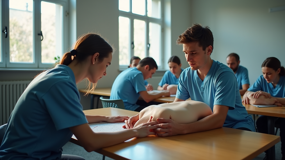 High angle view of a classroom setting with students practicing first aid techniques