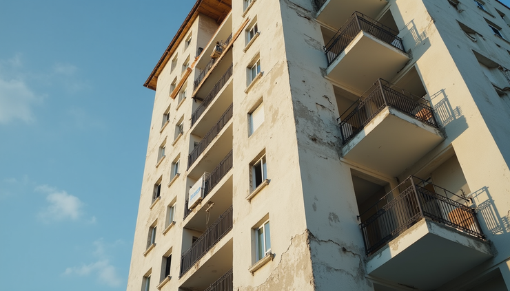 Vista ravvicinata di un edificio condominiale con evidenti difetti nei lavori di ristrutturazione