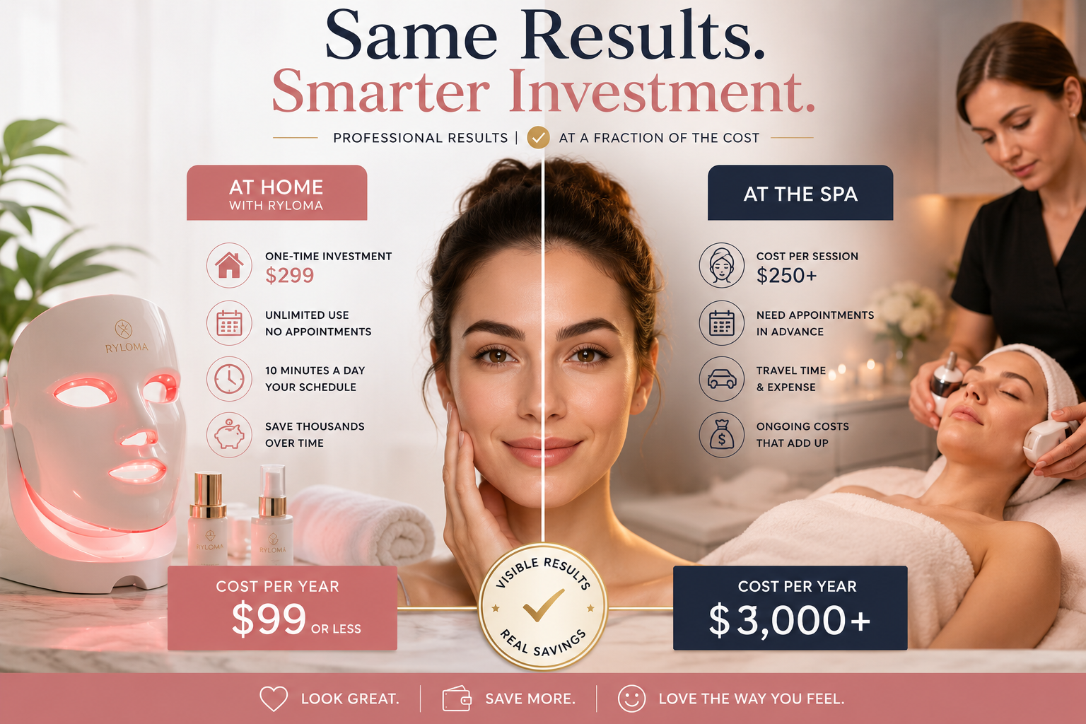 Ryloma comparison of at-home beauty technology and traditional spa treatments