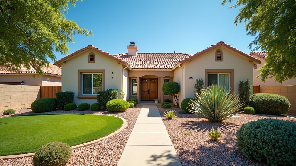 Eye-level view of a Gilbert home with a well-maintained garden and clear blue sky