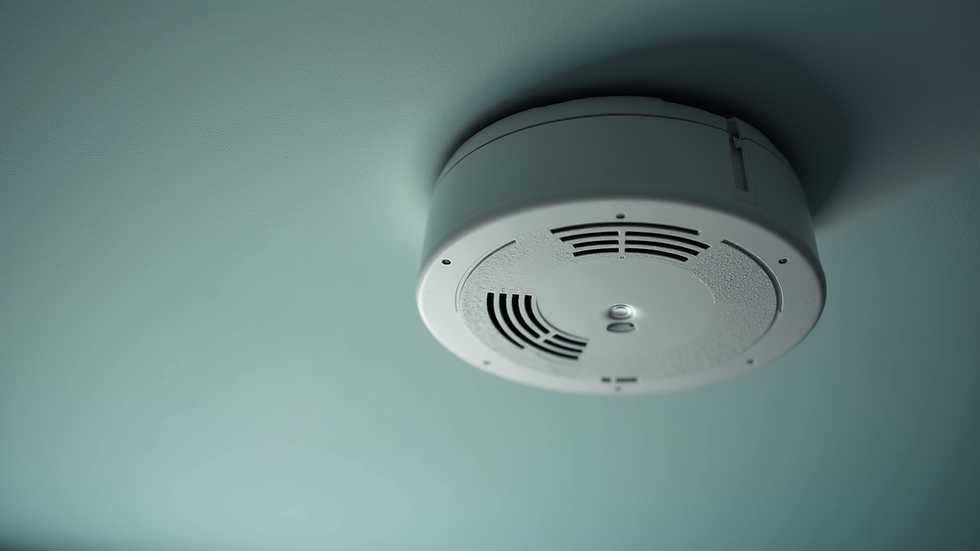 Close-up view of a smoke alarm mounted on a ceiling