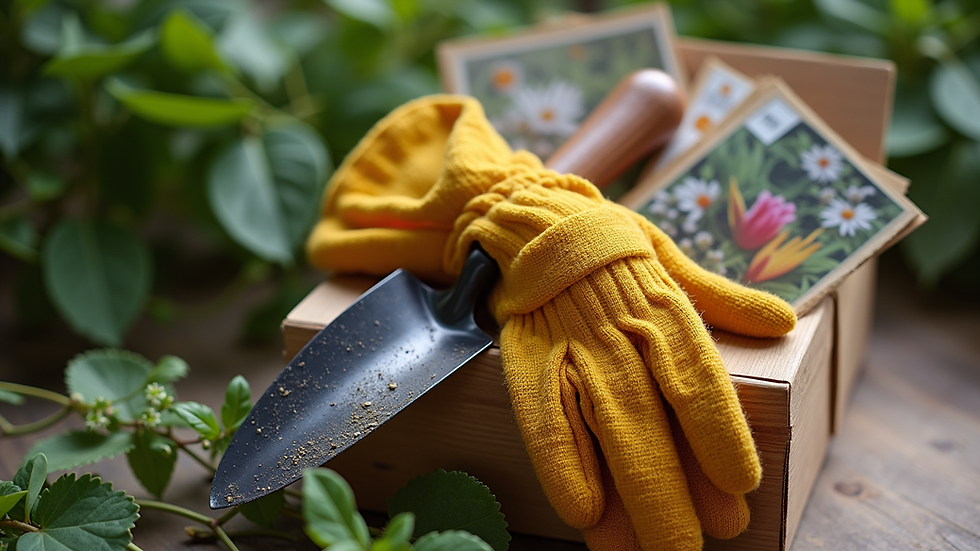 Close-up view of a rustic gardening gift set with gloves, trowel, and seed packets
