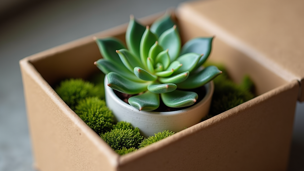 Eye-level view of a succulent gift box with a modern ceramic pot and decorative moss