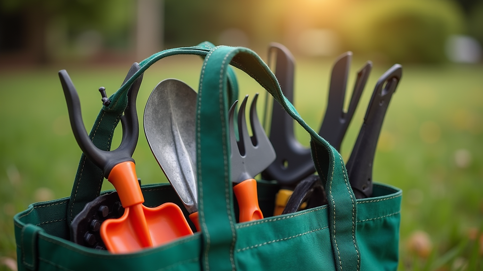 Eye-level view of a deluxe gardening tool set neatly arranged in a tote bag