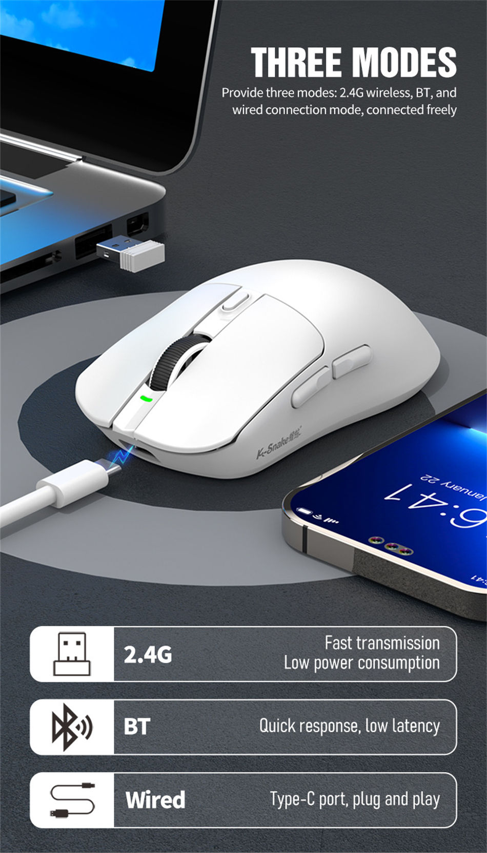 Thumbnail: K-Snake X11 Wireless Mouse,Bluetooth/2.4G/wired Tri-Mode Mouse ,PAW3311 RGB Magn