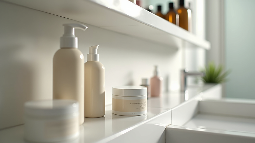Eye-level view of a bathroom shelf with affordable skincare bottles and jars