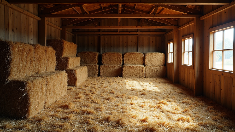 High angle view of a barn loft with hay bales stacked neatly