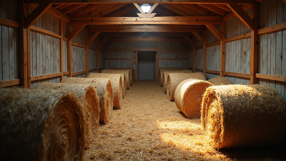 High angle view of a barn loft filled with hay bales