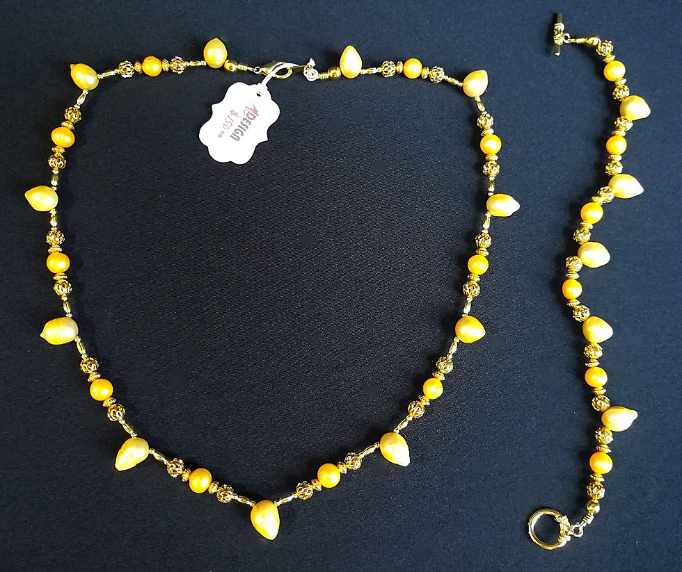 Thumbnail: Gold-plated Mango & Yellow Baroque & Drop Pearl Necklace & Bracelet Set