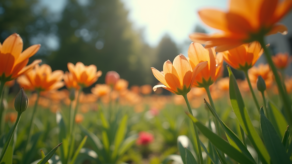 Eye-level view of a serene garden with blooming flowers