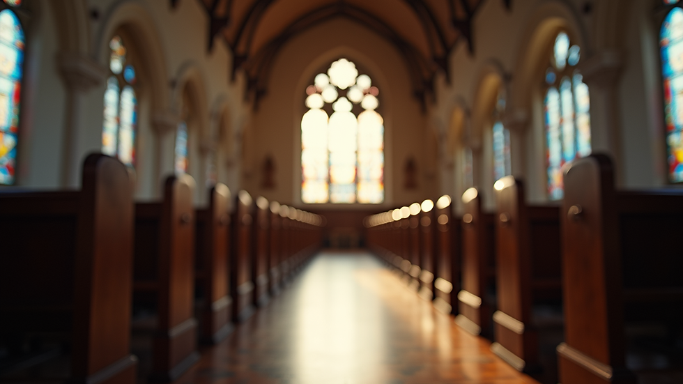 Eye-level view of a serene church interior with stained glass windows