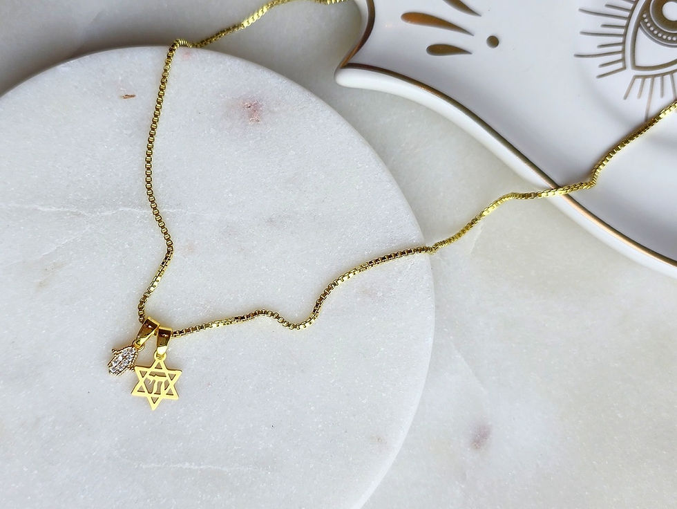 Thumbnail: Star of David/Chai and Cubic Zircon Hamsa 18K Gold Plated Necklace