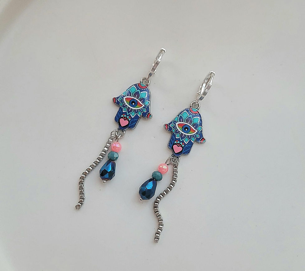 Thumbnail: Hamsa Evil Eye Silver Plated Enamel Boho Earrings