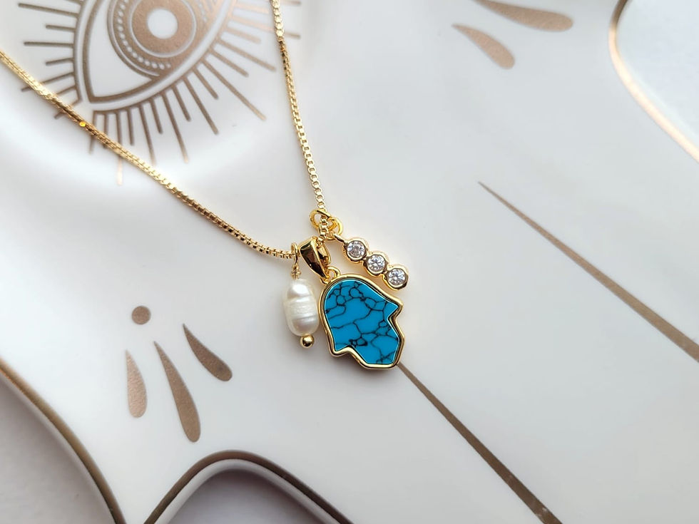 Thumbnail: 18K Gold Plated Hamsa Pearl CZ Handmade Necklace