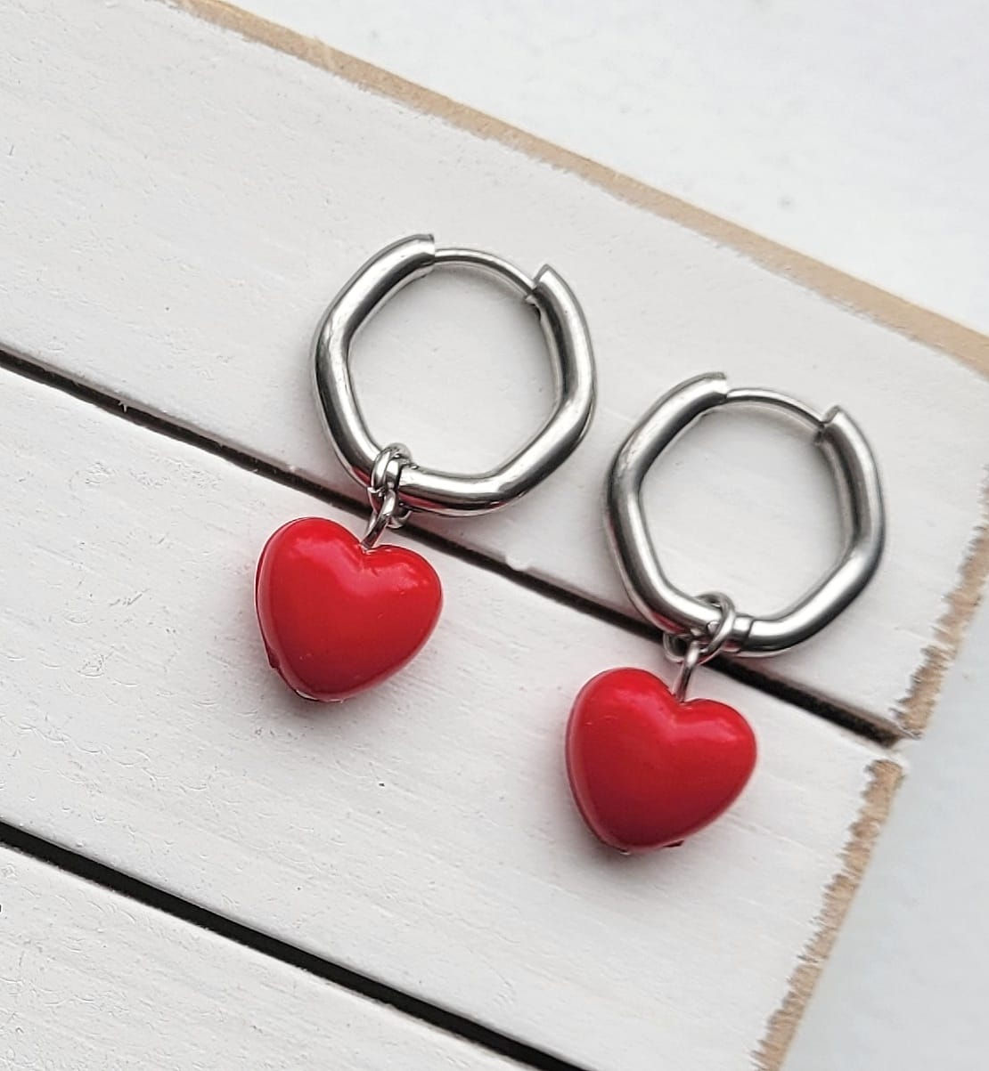 Stainless Steel Silver Red Heart Hexagon Handmade Earrings
