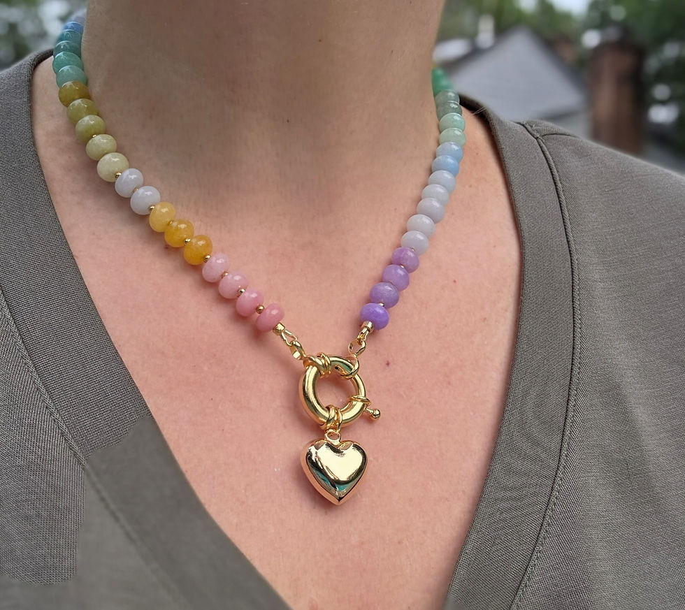 Thumbnail: Rondelle Natural Stone Beaded Handmade Necklace Gold Heart Pendant