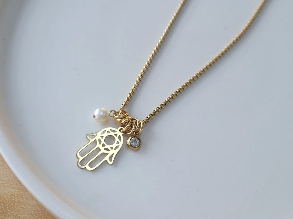 Thumbnail: Jewish Jewelry Hamsa and Pearl Stainless Steel Gold Necklace