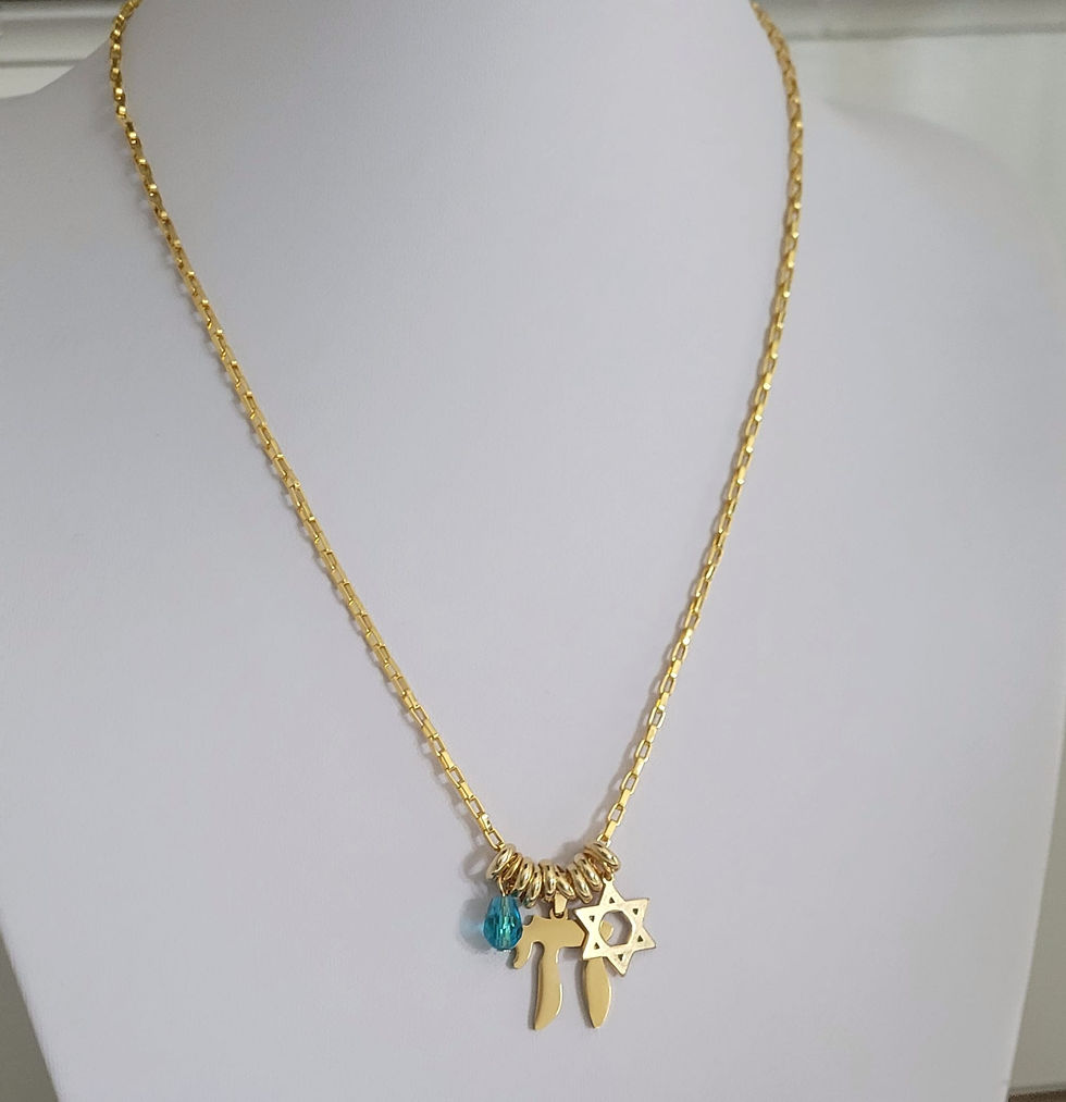 Thumbnail: Jewish Jewelry: Chai & Star of David 18k Gold Stainless Steel  Handmade Necklace