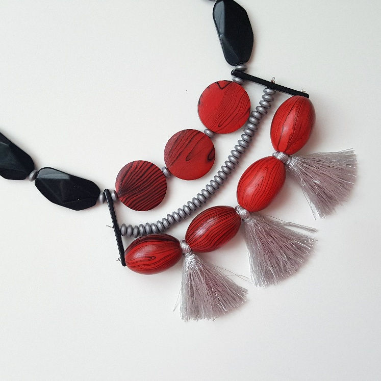 Thumbnail: Louise Grey Red and Black Beads Handmade Necklace